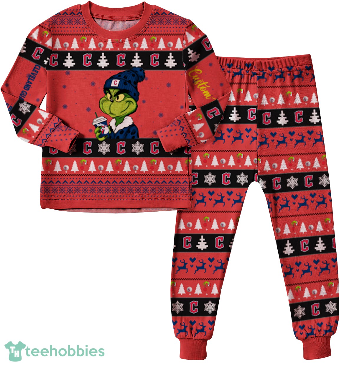 MLB Grinch Cleveland Guardians MLB Custom Name Christmas Knitting Pattern Matching Family Pajamas Set