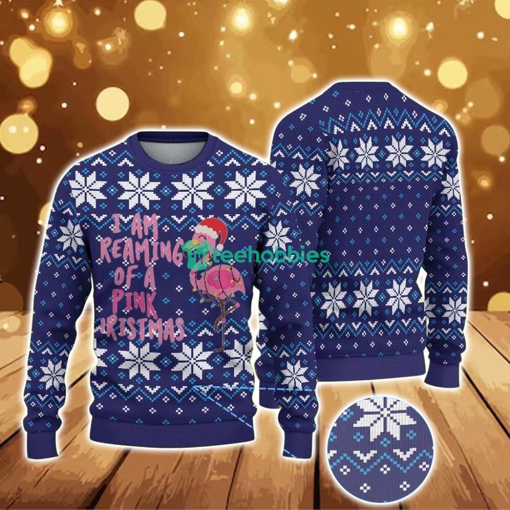 Navy Blue Ugly Christmas Sweater With Snowflake Pattern Featuring Pink Flamingo