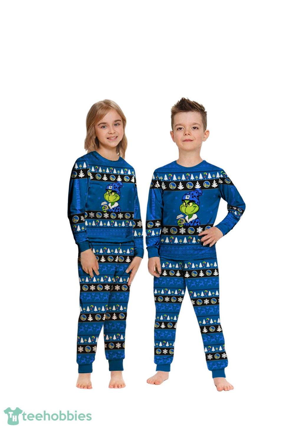 NBA Grinch Golden State Warriors Custom Name Christmas Knitting Pattern Matching Family Pajamas Set