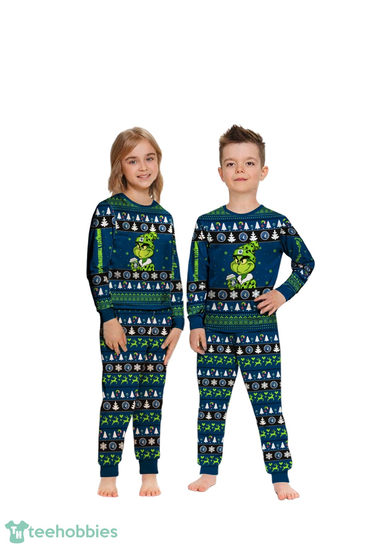 NBA Grinch Minnesota Timberwolves Custom Name Christmas Knitting Pattern Matching Family Pajamas Set