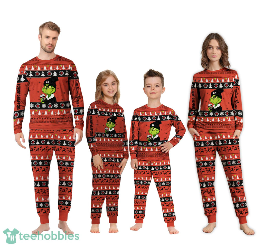 NBA Grinch Toronto Raptors Custom Name Christmas Knitting Pattern Matching Family Pajamas Set