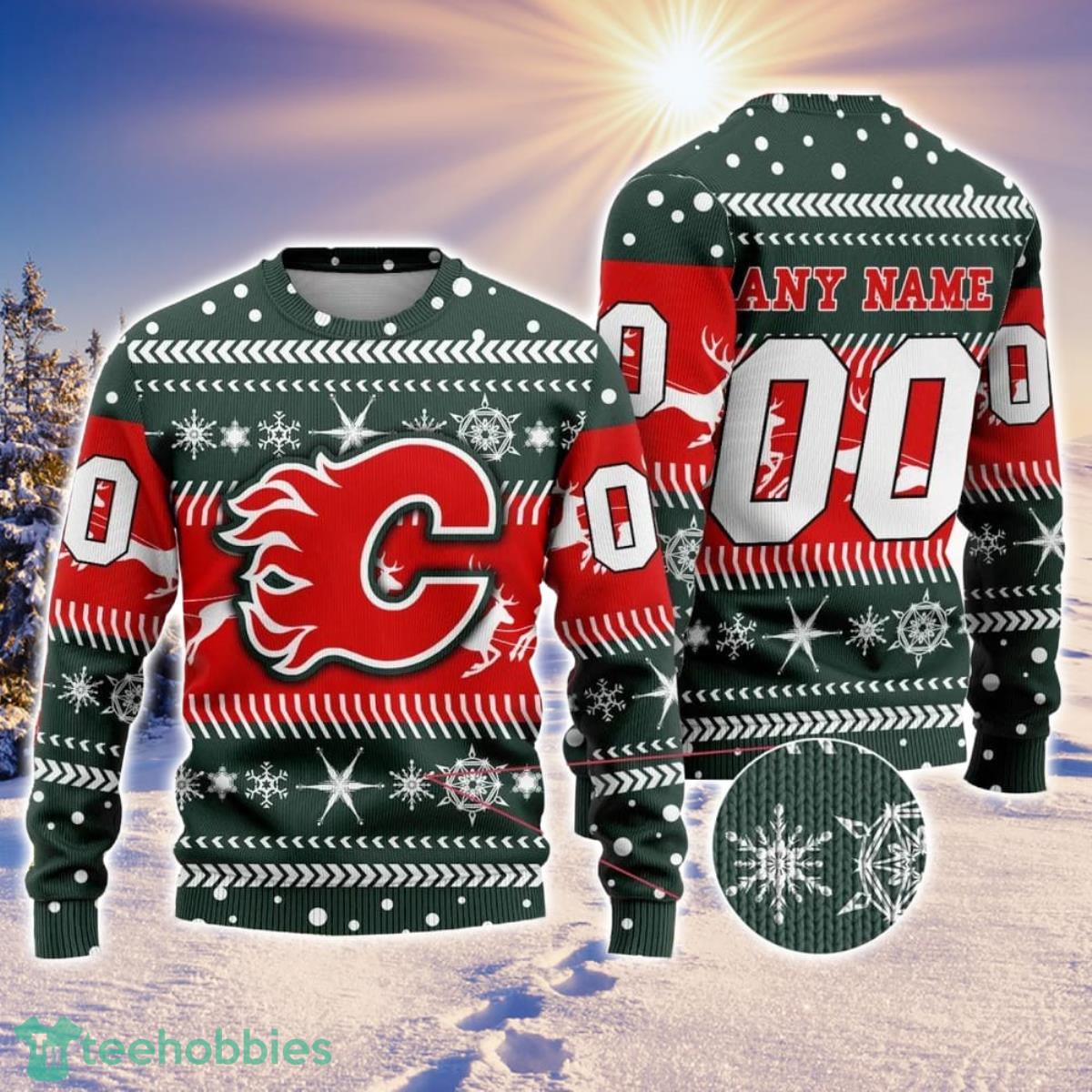 NHL Calgary Flames Personalized Name And Number All Over Print 3D Ugly Christmas Sweater Christmas Gift