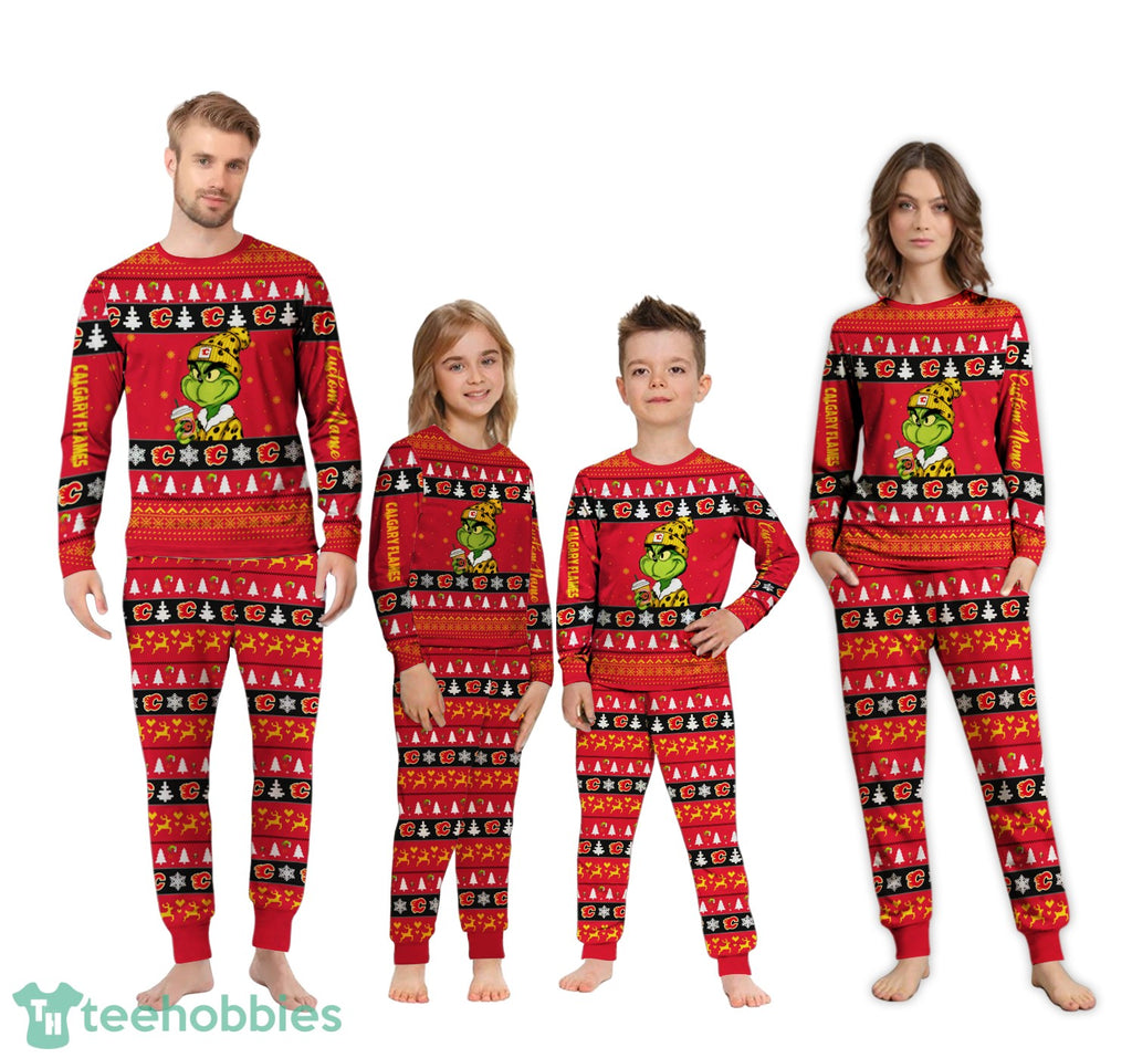 NHL Grinch Calgary Flames Custom Name Christmas Knitting Pattern Matching Family Pajamas Set