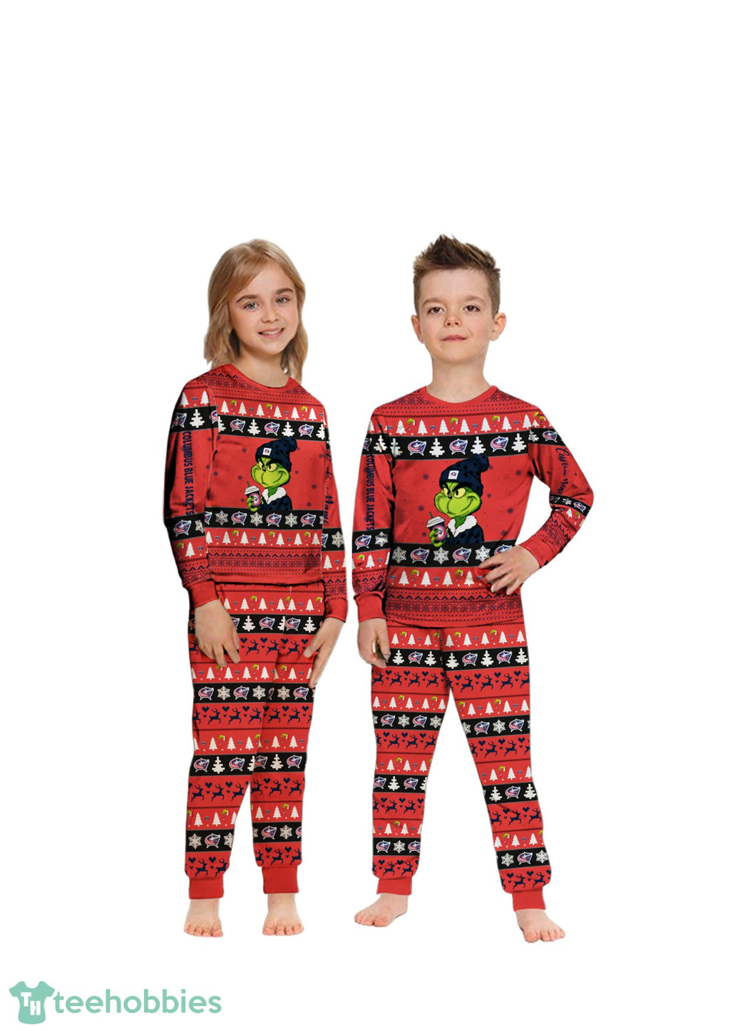 NHL Grinch Columbus Blue Jackets Custom Name Christmas Knitting Pattern Matching Family Pajamas Set