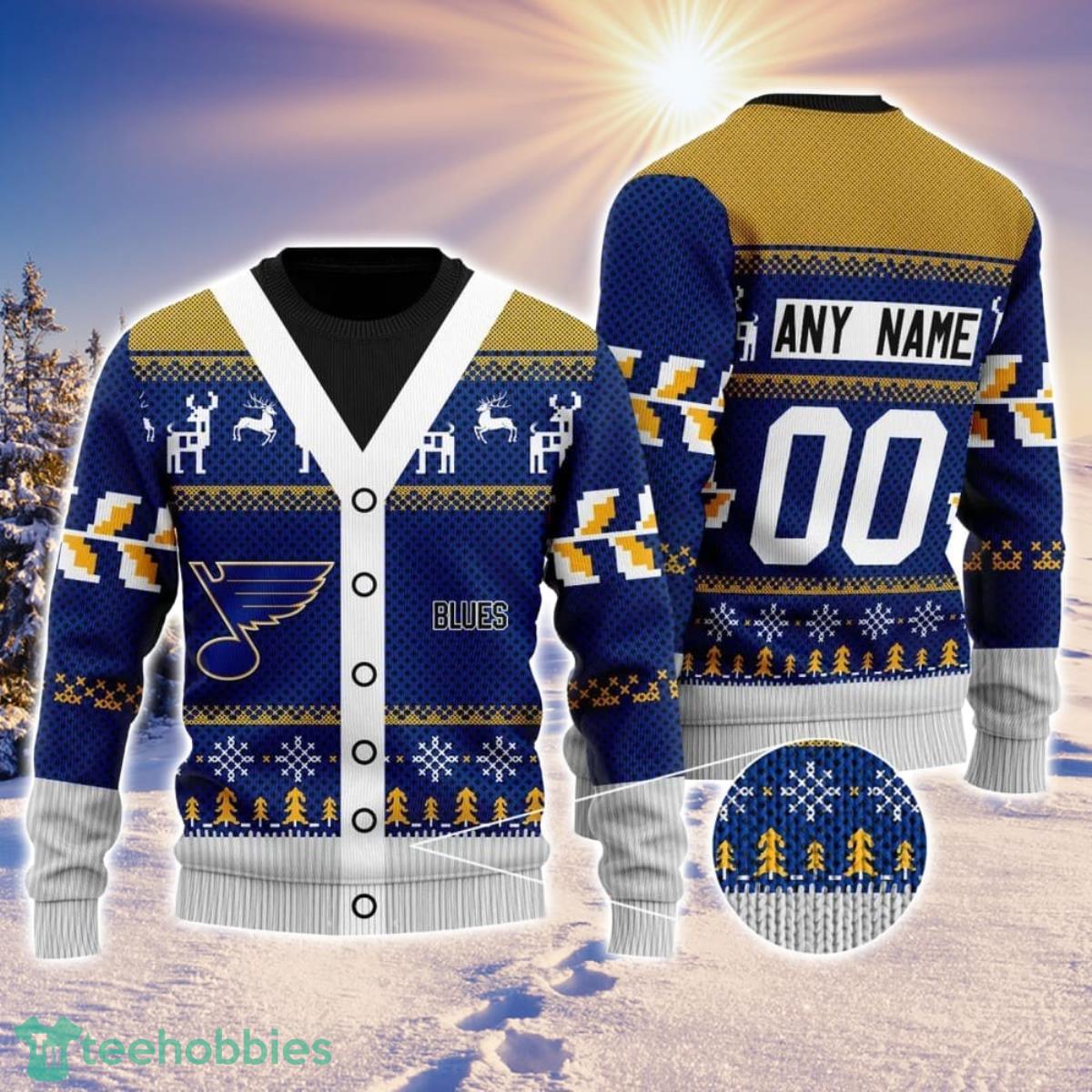 NHL St. Louis Blues Personalized Name And Number All Over Print 3D Ugly Christmas Sweater Christmas Gift