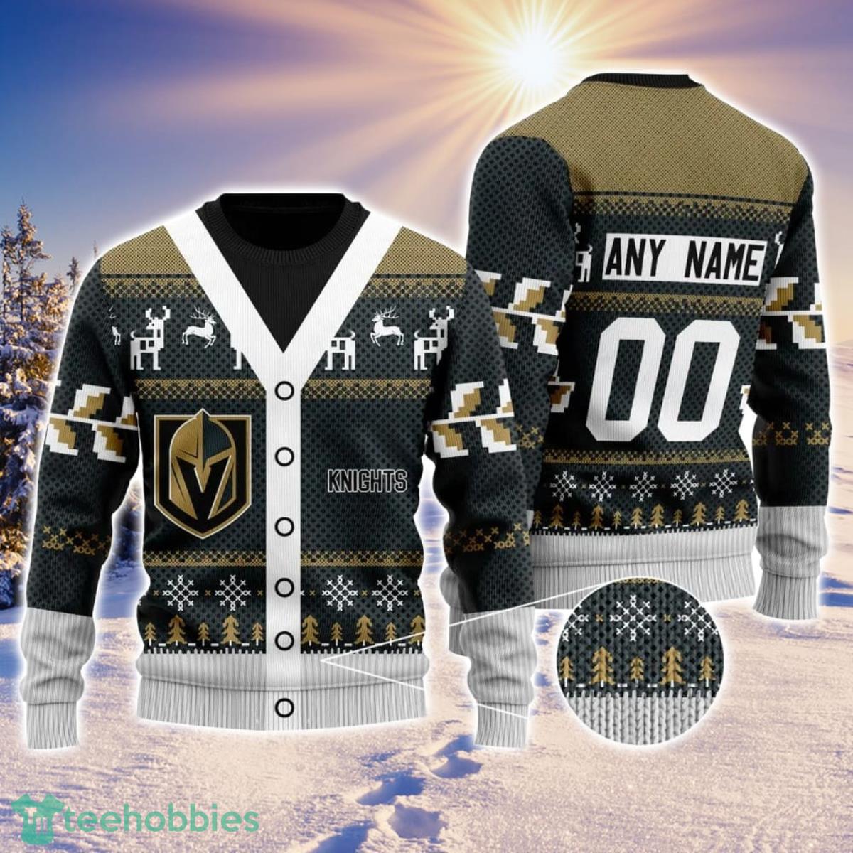 NHL Vegas Golden Knights Personalized Name And Number All Over Print 3D Ugly Christmas Sweater Christmas Gift