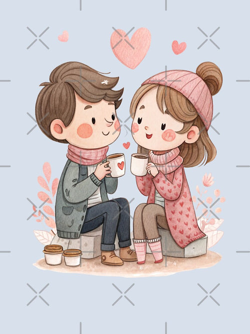Adorable Couple Drinking Coffee Romantic Cute Valentine Design by Lulunza