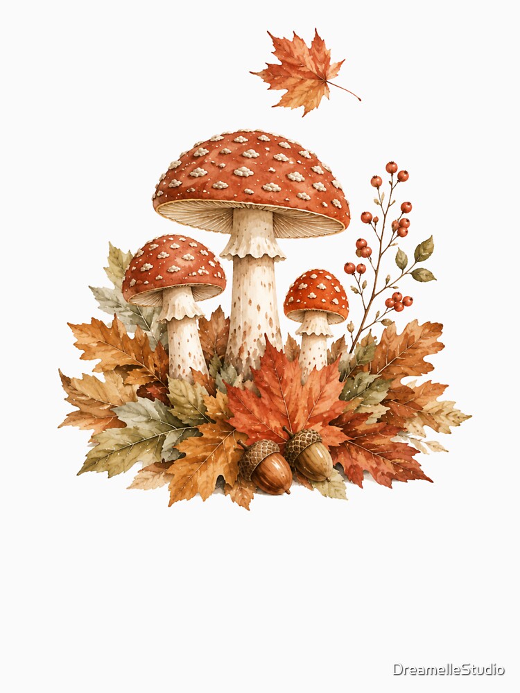 Mushrooms in Autumn Leaves — Cozy Fall Cottagecore Art by DreamelleStudio