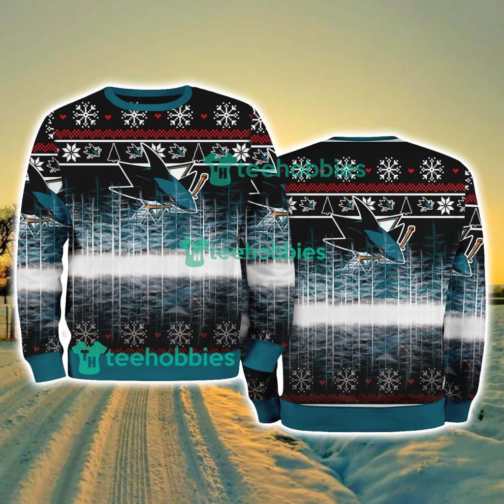 San Jose Sharks Logo Brand Pine Tree Christmas Pattern Christmas Ugly Sweater