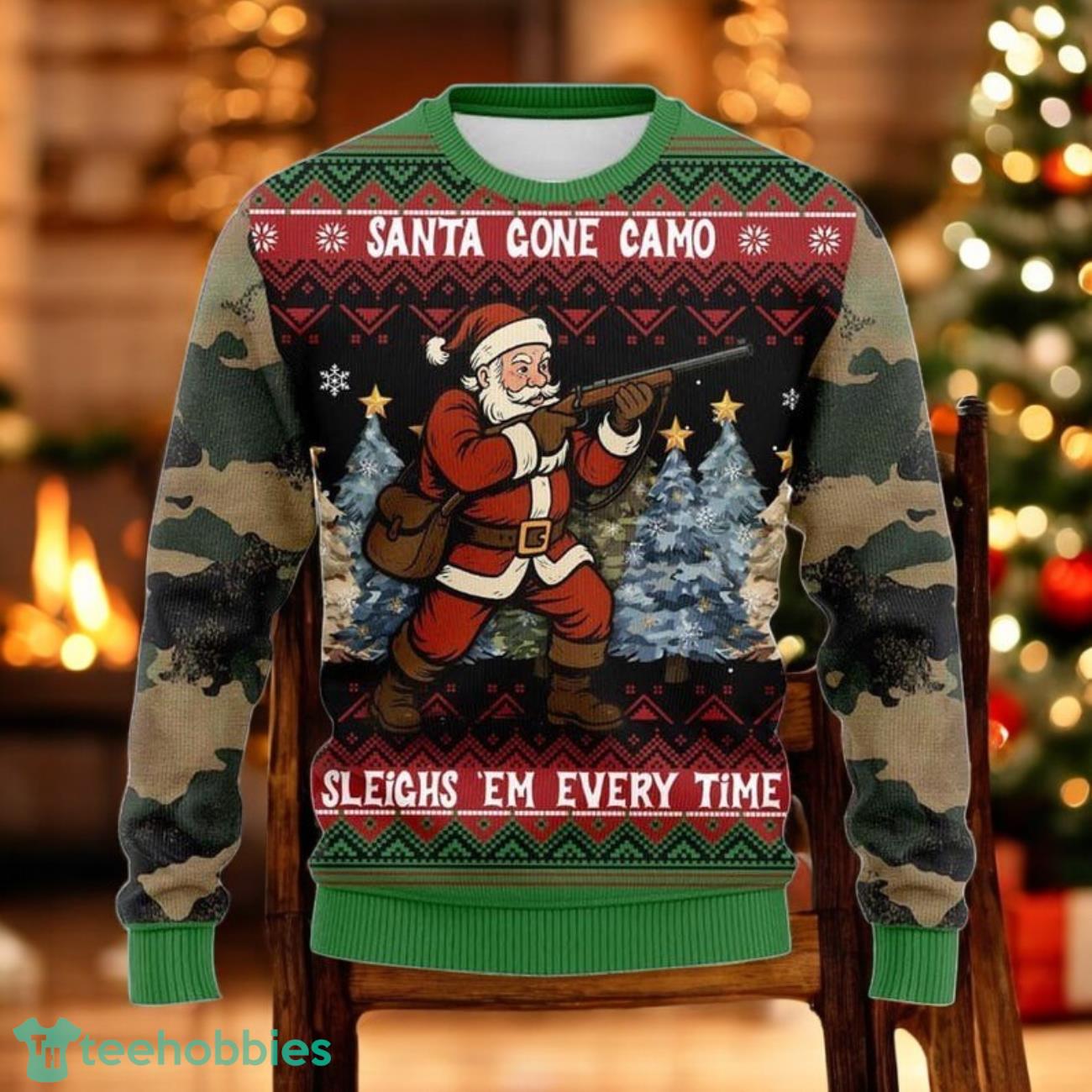 Santa Gone Camo Ugly Christmas Sweater Funny Hunting Santa Xmas Sweater