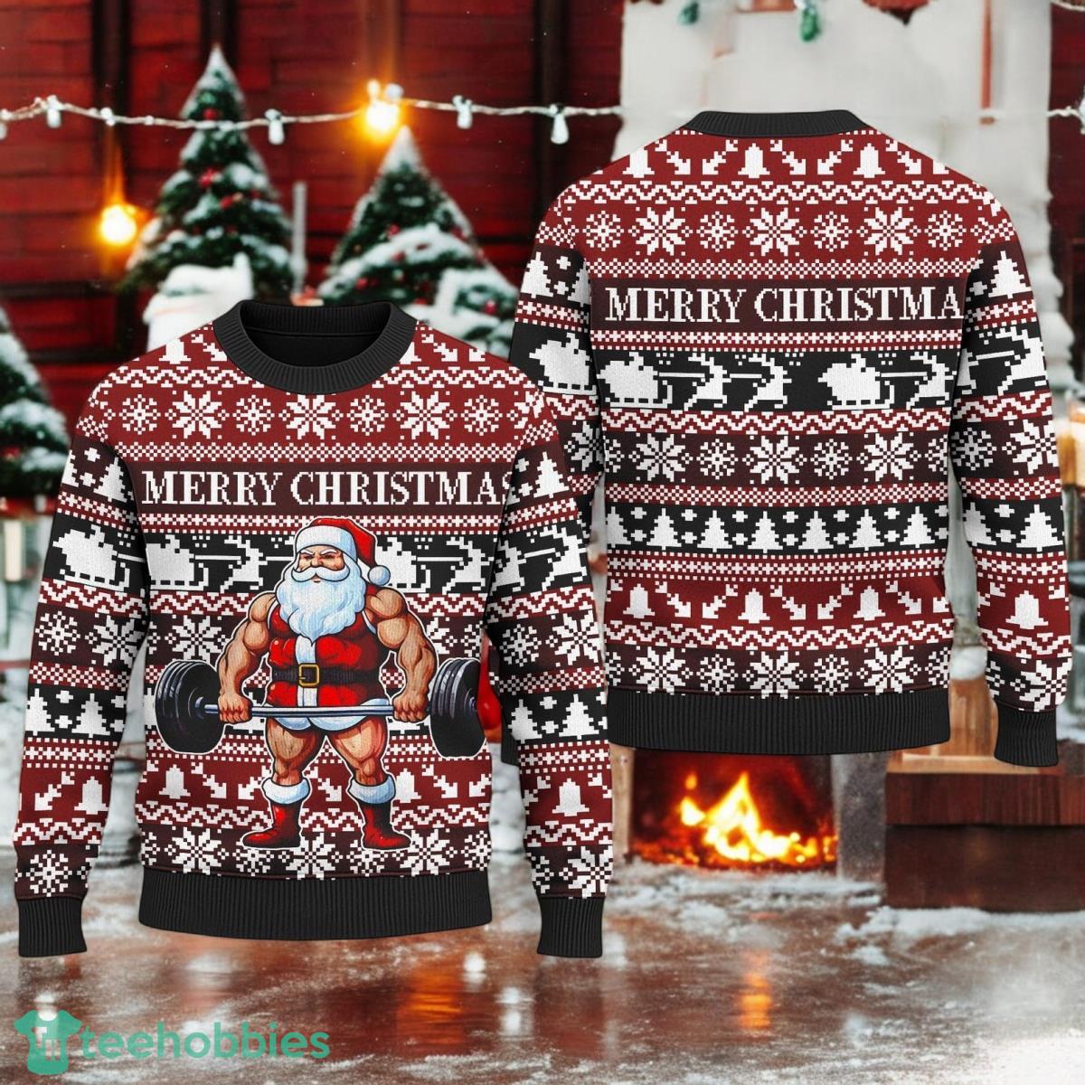 Santa Gym Lifting Ugly Christmas Sweater Santa Claus Christmas Xmas Holiday Sweater