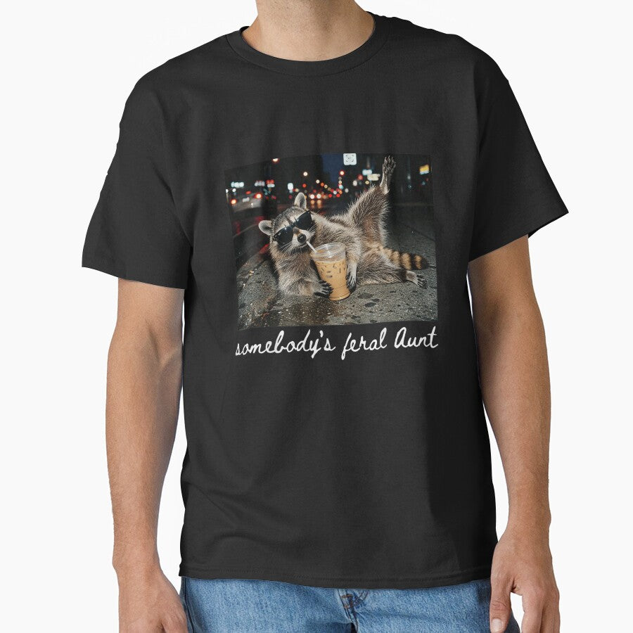 Somebodys Feral Aunt Funny Raccoon Drinking Iced Coffee Night Street Meme Design by PhocoNibict