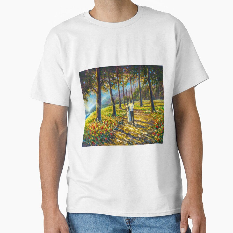 Romantic couple walking in sunny park forest painting. Painting by Valery Rybakou by rybakowvalery