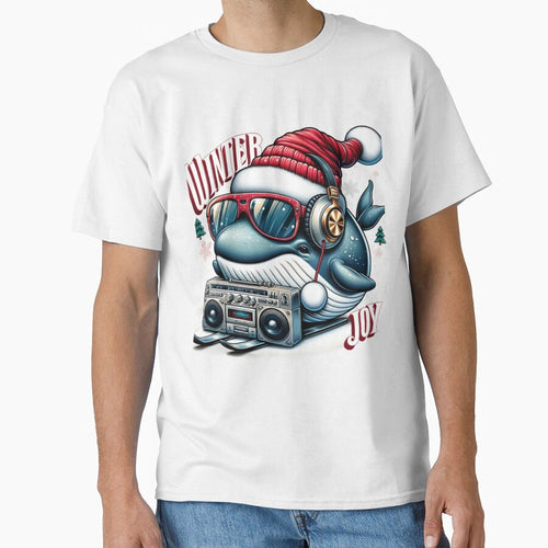 A whale in Santa's hat with a boombox on skis by ArtFeverShop