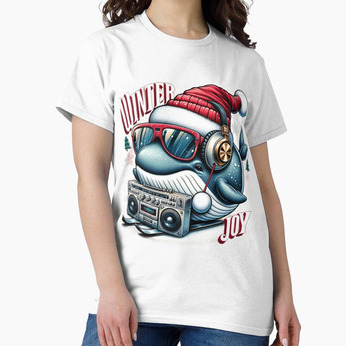 A whale in Santa's hat with a boombox on skis by ArtFeverShop