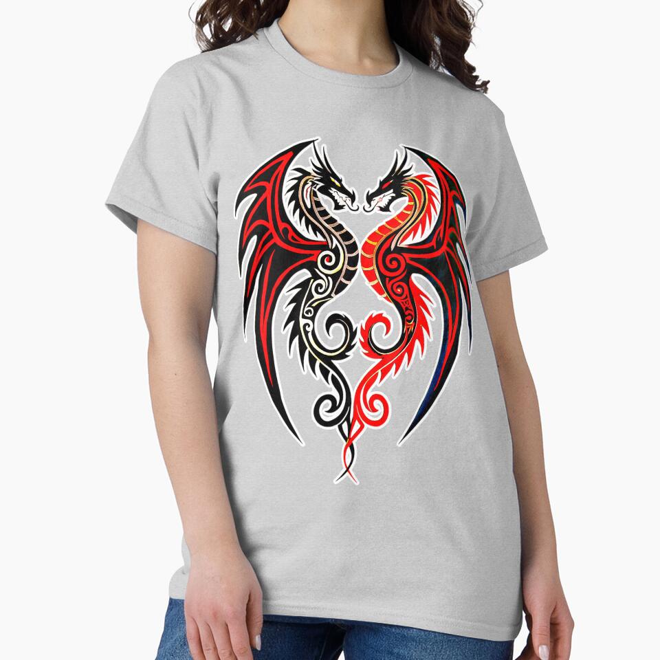 Tribal Twin Dragons – Black & Red Symmetric Heart Art by VikArtStudio
