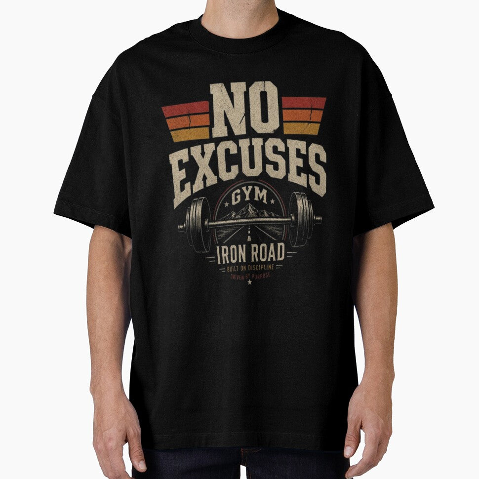 No Excuses Iron Road Gym Retro 70s Bodybuilding Motivation by ElkasDesign
