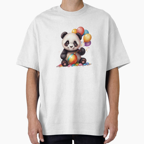 A cheerful panda holding a colorful balloon bouquet by T-SHIR-Universe