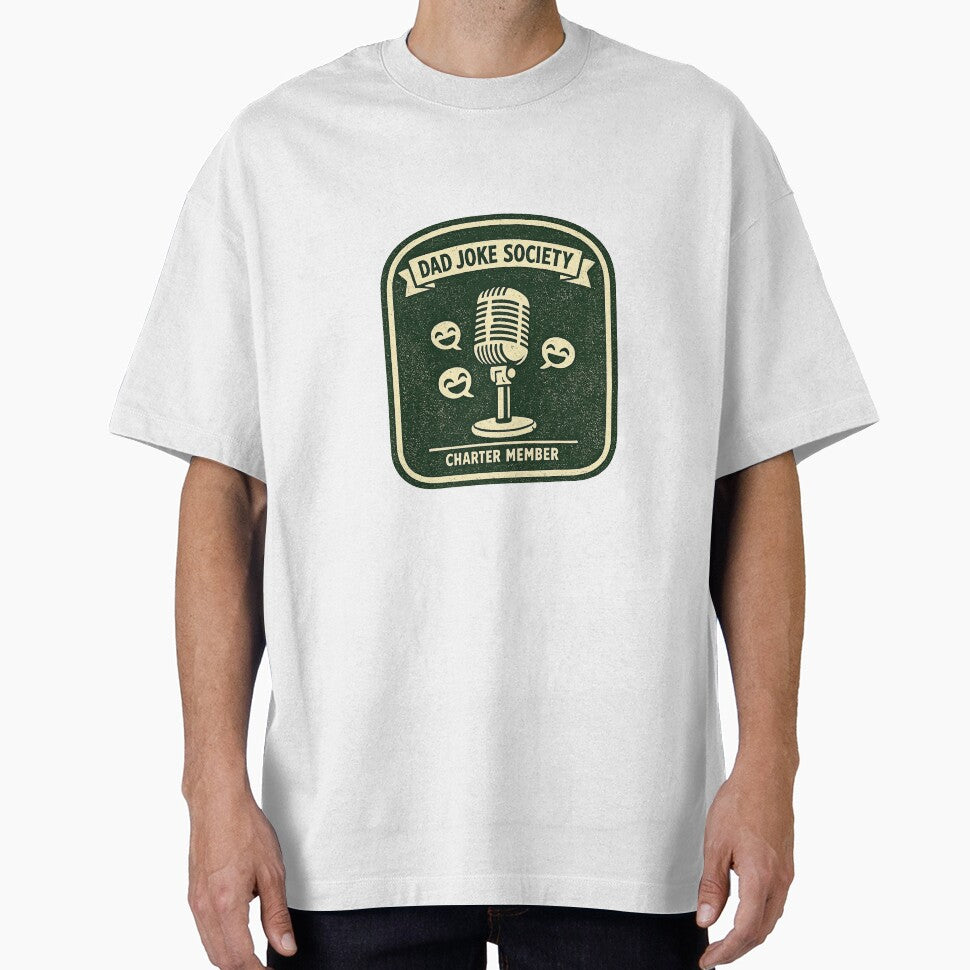 Dad Joke Society Charter Member — Vintage Microphone Banner Father's Day Tee by VaultInk