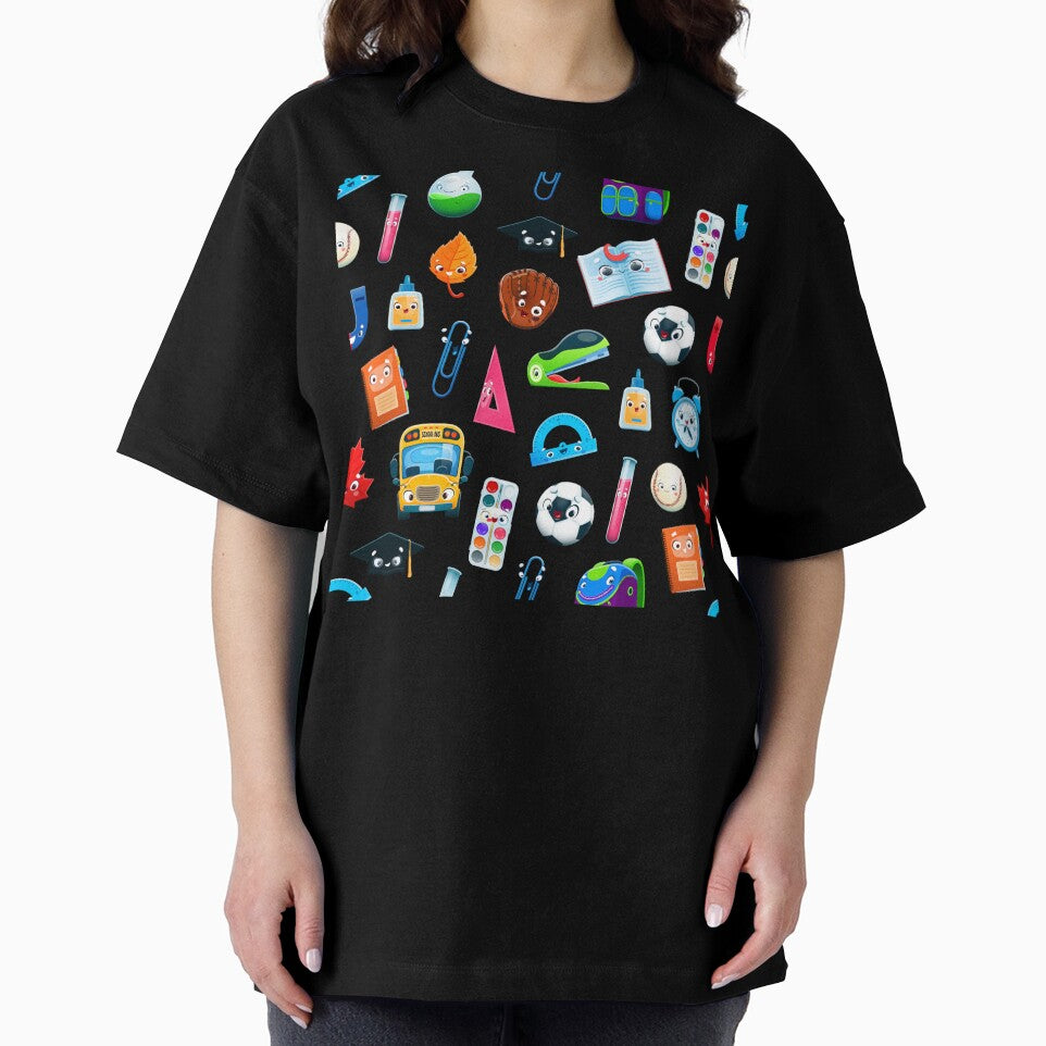 Cartoon School Supplies & Sports Pattern – Fun Back-to-School Kids Clothing Design by FestivityFinds