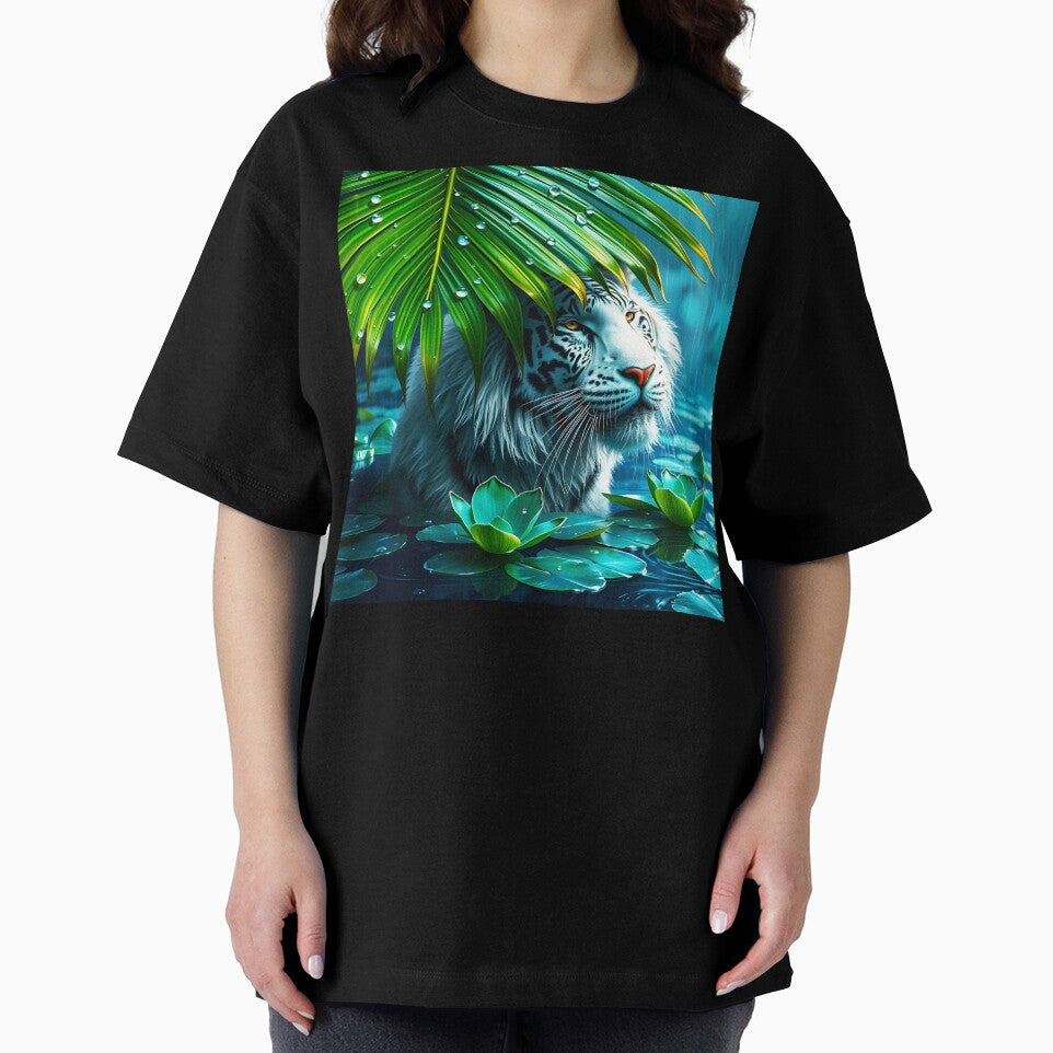 long hair white tiger under a huge palm leaf in a lake during rain raindrops on leaf crystal clear digitalart by EmeraldeaArt