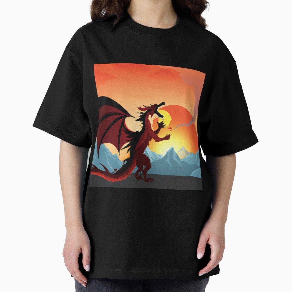 Dragon's Blaze: a fierce dragon breathing fire on the backdrop of snowcapped mountains with a setting sun by majnate