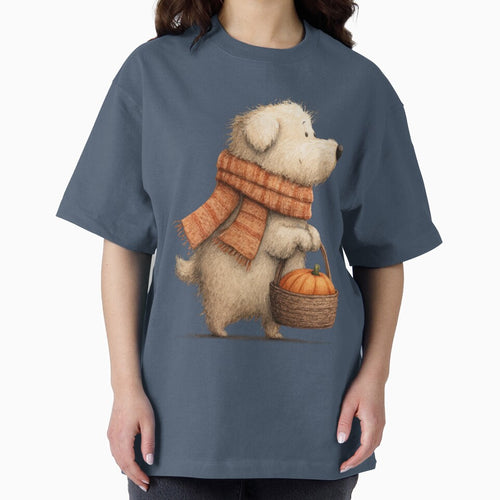 A fuzzy dog wearing a scarf carries a basket with a pumpkin. by Mauswohn