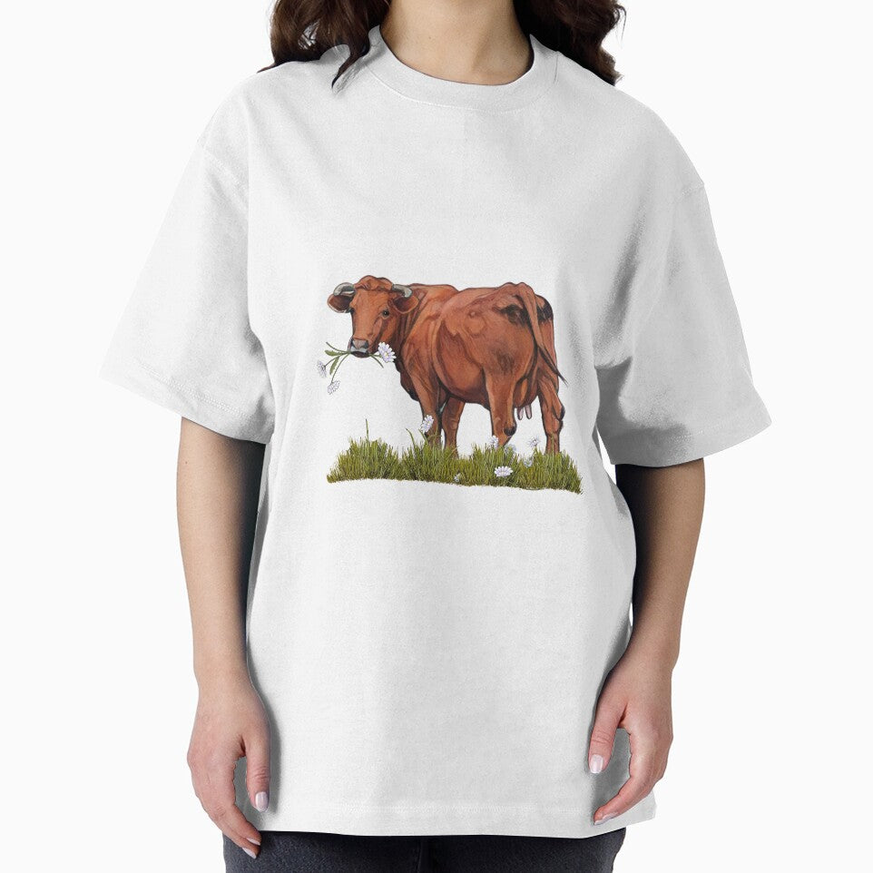 Red Beef Cow Eating Daisies, Freehand Digital Illustration, Farm Animal by JoyfulWhimsy