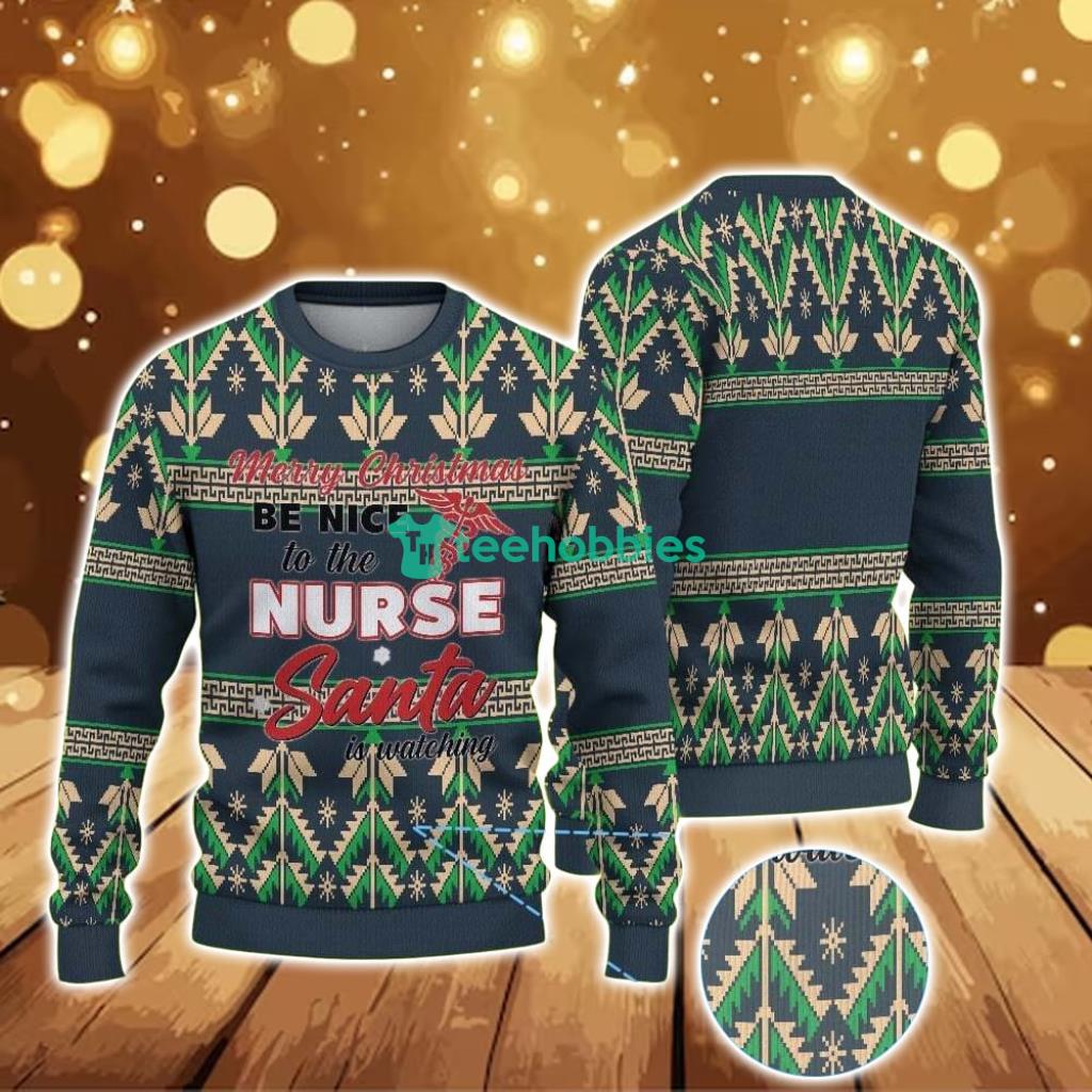 Ugly Christmas Sweater With Beige And Tree Pattern Featuring Nurse Santa Holiday