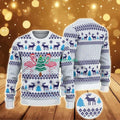 Ugly Christmas Sweater With Blue Reindeer And Snowflake Pattern Featuring Pink Flamingos And Christmas Tree