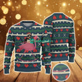 Ugly Christmas Sweater With Heart And Geometric Pattern Featuring Cat Riding Pink Flamingo