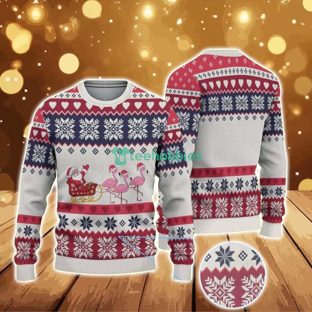 Ugly Christmas Sweater With Snowflake And Heart Pattern Featuring Pink Flamingos And Santa Sleigh