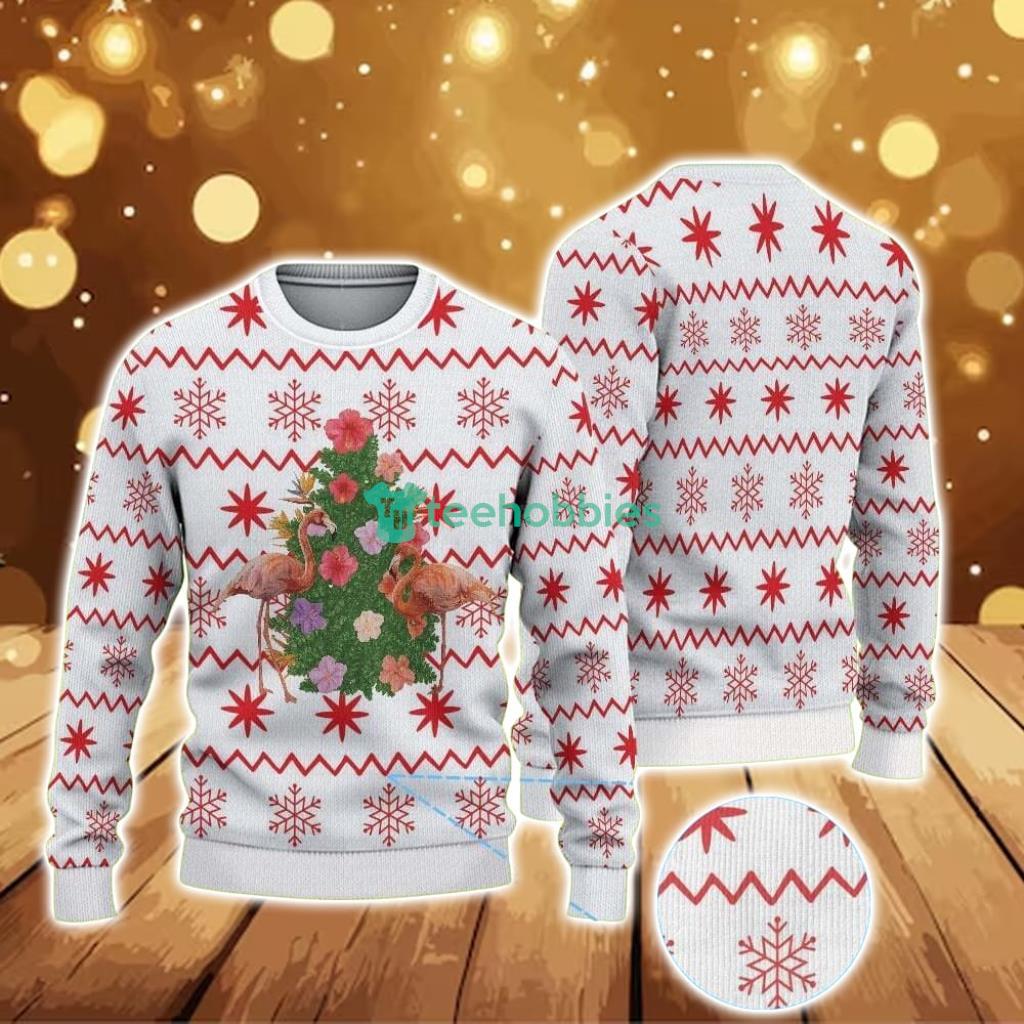 Ugly Christmas Sweater With Snowflake Pattern Featuring Pink Flamingo And Christmas Tree