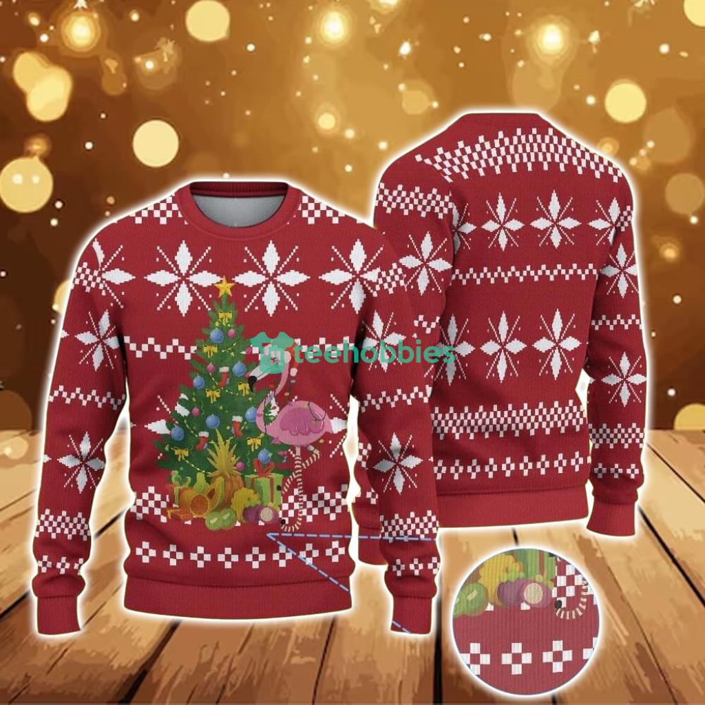 Ugly Christmas Sweater With Snowflake Pattern Featuring Pink Flamingo And Decorated Christmas Tree