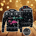 Ugly Christmas Sweater With Snowflake Pattern Featuring Pink Flamingo In Santa Hat