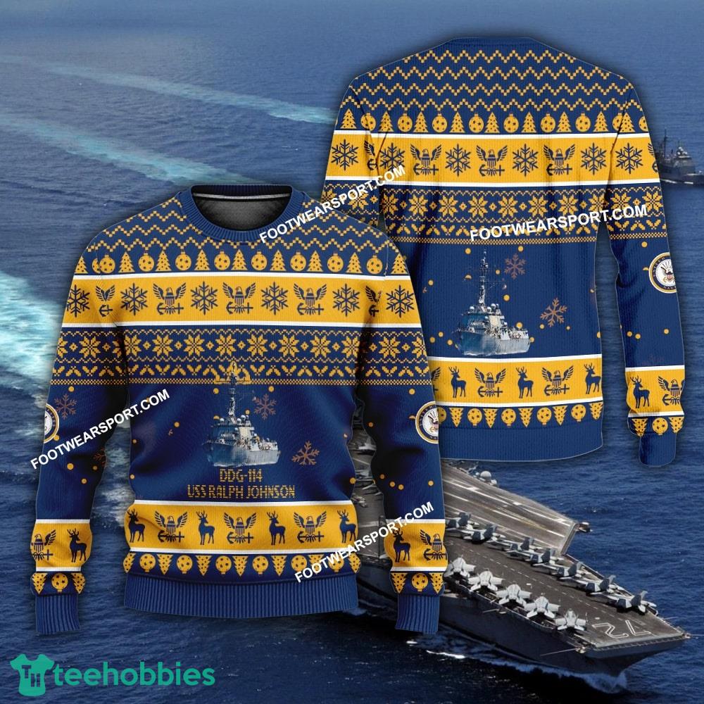 US Navy USS Ralph Johnson DDG-114 Knitted Xmas Sweater AOP For Men Women