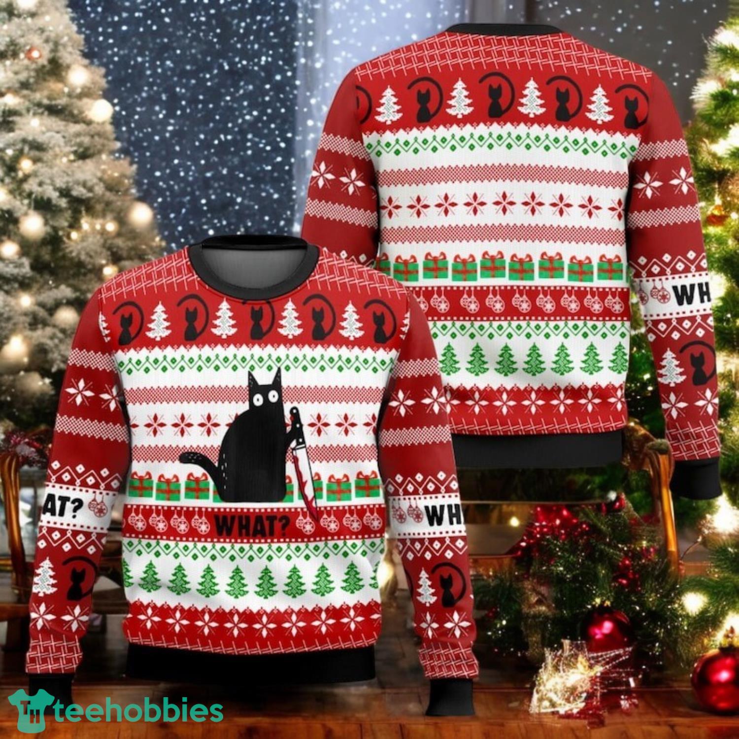 What Cat Ugly Christmas Sweater Funny Black Cat Holiday Sweater